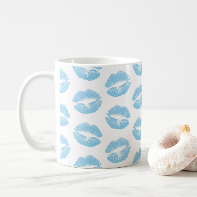 Blue Lips, Pattern Of Lips, Blue Lipstick, Kiss Coffee Mug (With Donut)