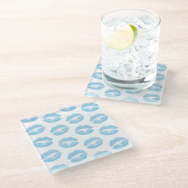 Blue Lips, Pattern Of Lips, Blue Lipstick, Kiss Glass Coaster (Angled)