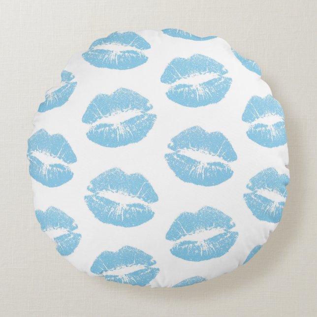 Blue Lips, Pattern Of Lips, Blue Lipstick, Kiss Round Pillow (Front)
