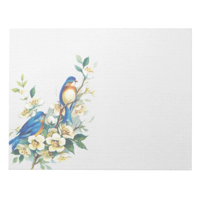 Blue Little Birds on White Flower Branch Notepad (Front)