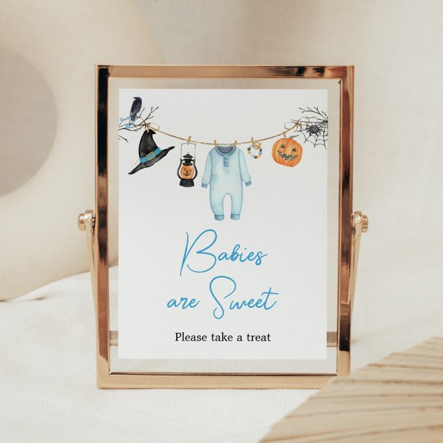 Blue Little Boo Halloween Babies are Sweet Poster (Halloween Baby Clothes Baby Shower Babies are Sweet Sign)