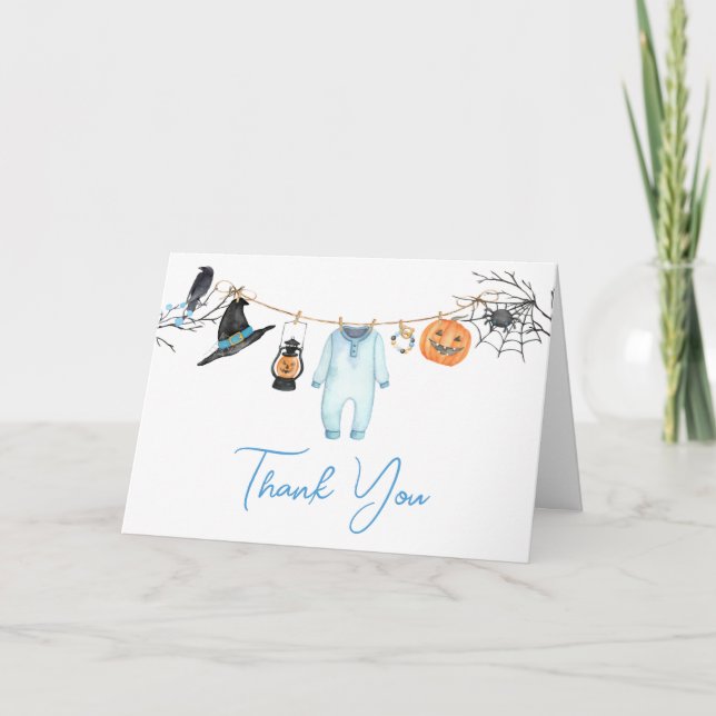 Blue Little Boo Halloween Baby Shower Thank You Card (Front)