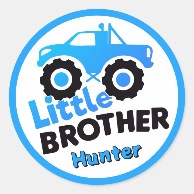 Blue Little Brother Monster Truck Custom Name Classic Round Sticker (Front)