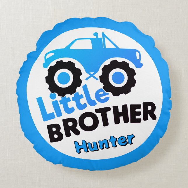 Blue Little Brother Monster Truck Custom Name Round Pillow (Front)