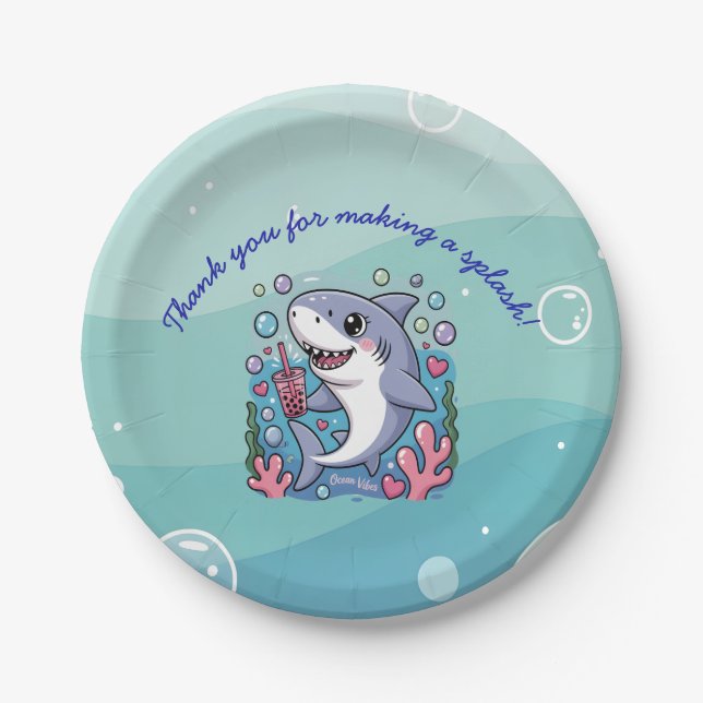 Blue Little Bubbly Boba Shark Baby Shower Paper Plate (Front)