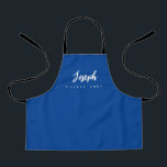 Blue Little Chef Script Name personalized Kids Apron<br><div class="desc">Make your little chef feel extra special with our Blue Little Chef Script Name Personalized Kids Apron. This apron is designed to provide a simple, chic, and elegant look, featuring stylish script typography for personalizing the name. The purple background colour adds a touch of vibrancy and fun, perfect for engaging...</div>