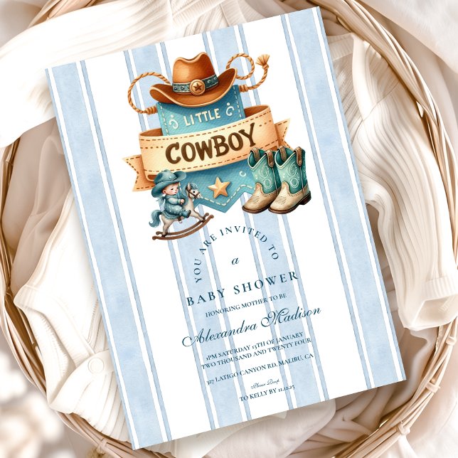 Blue Little Cowboy Modern Western  Baby Shower Invitation (Creator Uploaded)