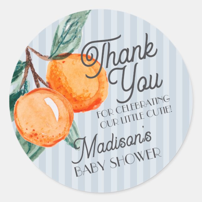 Blue Little Cutie Citrus Baby Shower Favour Classic Round Sticker (Front)