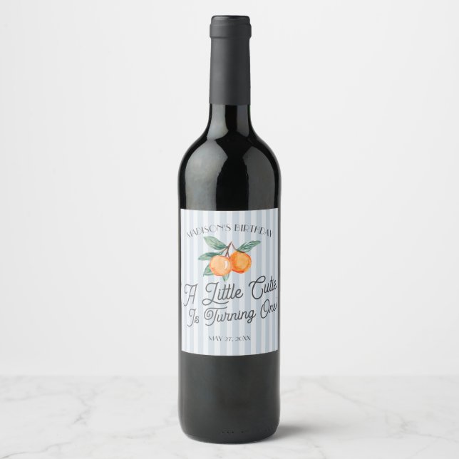 Blue Little Cutie Citrus Baby Shower Favour Wine Label (Front)