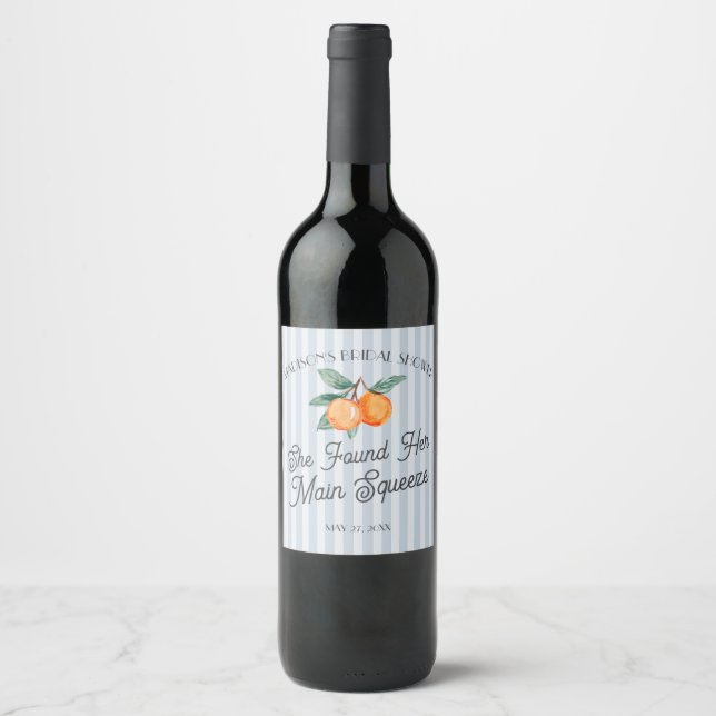 Blue Little Cutie Main Squeeze Bridal Shower Favou Wine Label (Front)