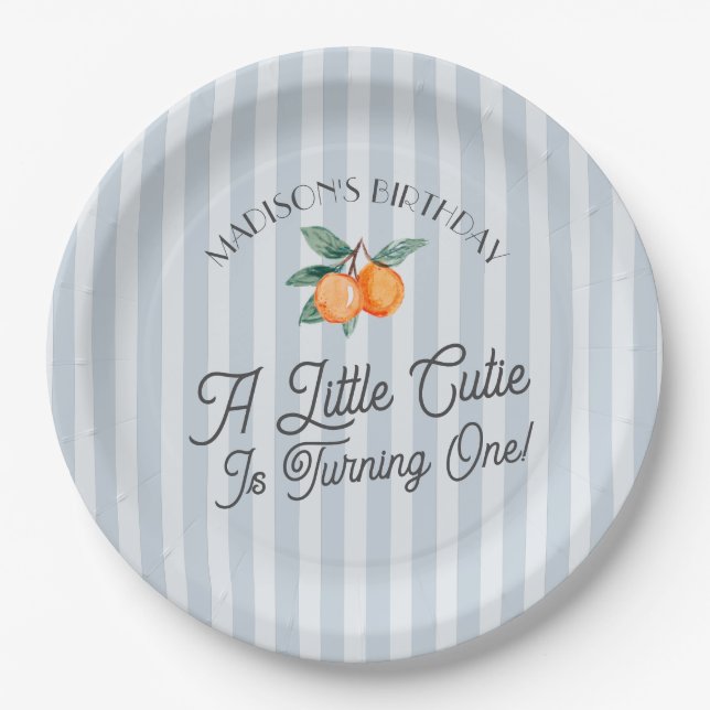 Blue Little Cutie Pastel Citrus Birthday Party Paper Plate (Front)