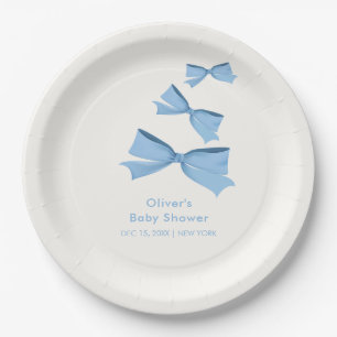 Blue Little Flying Bow Boy Baby Shower Paper Plate