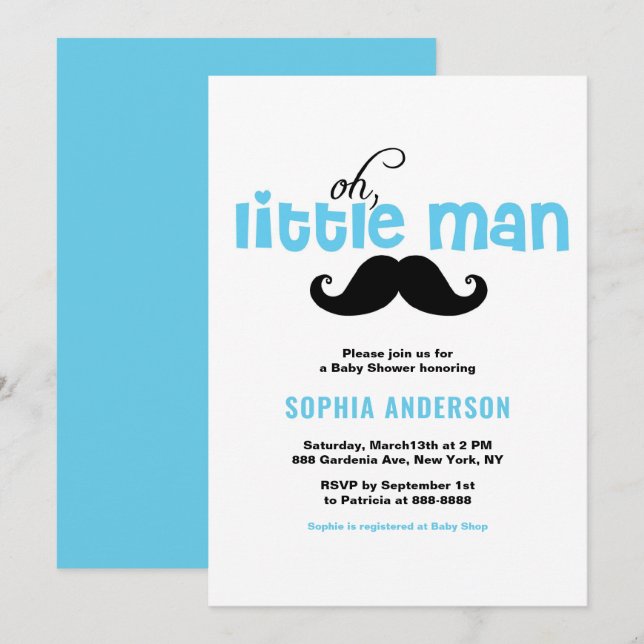Blue Little Man Moustache Baby Shower Invitation (Front/Back)
