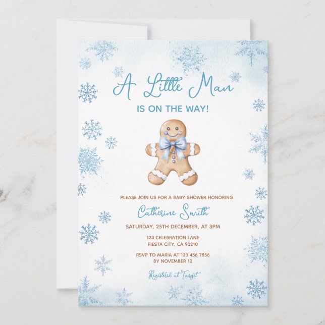 Blue Little Man Snowflakes Gingerbread Baby Shower Invitation (Front)