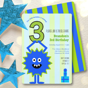  Blue Little Monster Boy 3rd Birthday Fun Cute Invitation