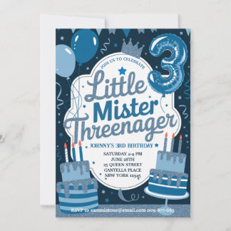 Blue Little Mr. Threenager Invitation pour garçon