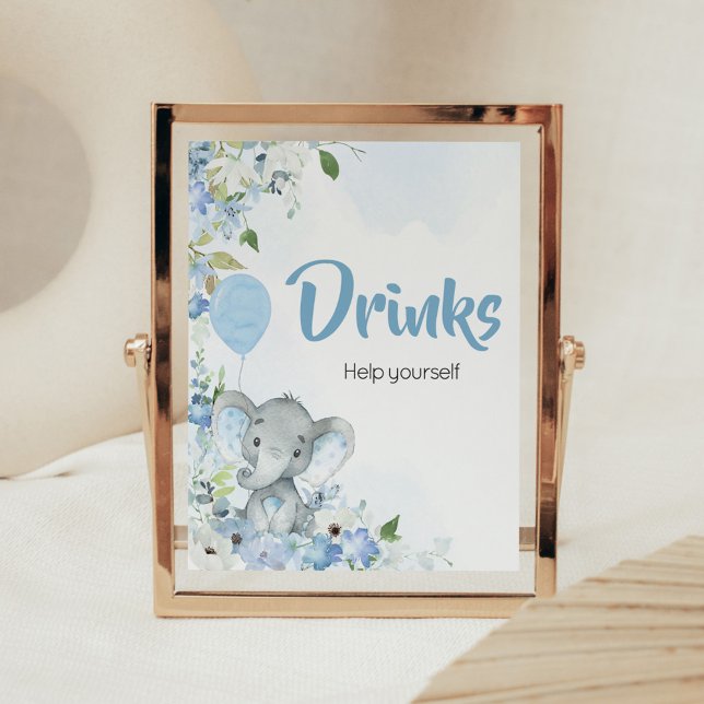 Blue Little Peanut Elephant Baby Shower Drinks Poster (Blue Elephant Little Peanut Baby Shower Drinks Sign)