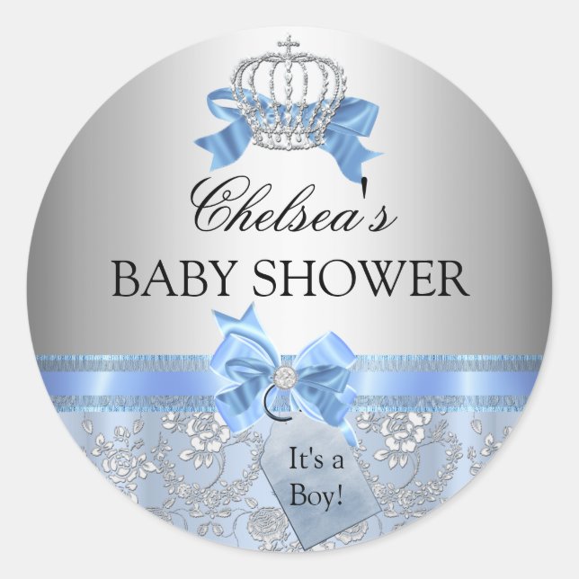 Blue Little Prince Crown Baby Shower Sticker (Front)