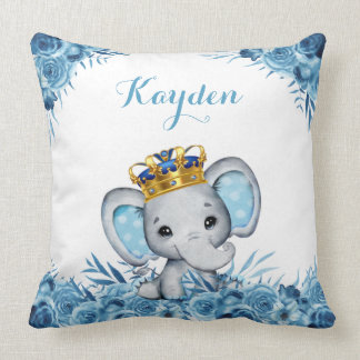 Blue Little Prince Floral Elephant Baby Throw Pillow