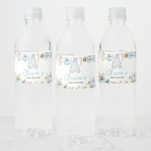 Blue Little Pumpkin Fall Autumn Baby Shower  Water Bottle Label (Bottles)