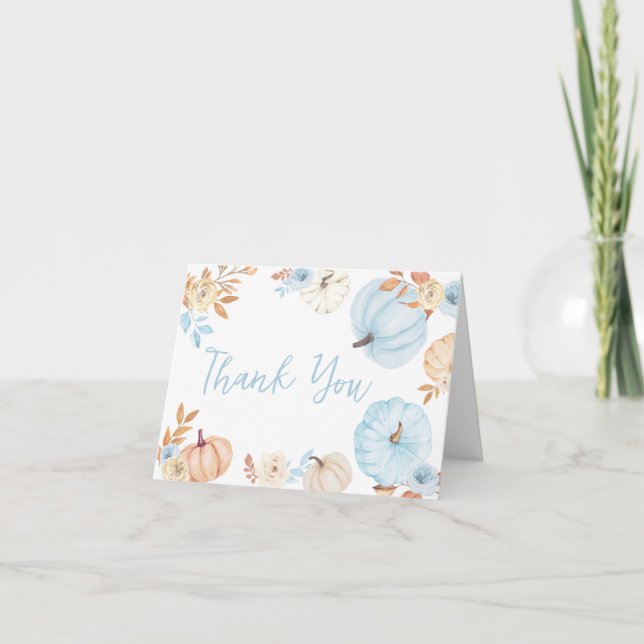 Blue Little Pumpkin Fall Baby Shower Thank You Card (Front)