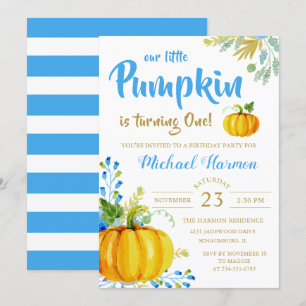 Blue Little Pumpkin Fall Boy Birthday Invitation