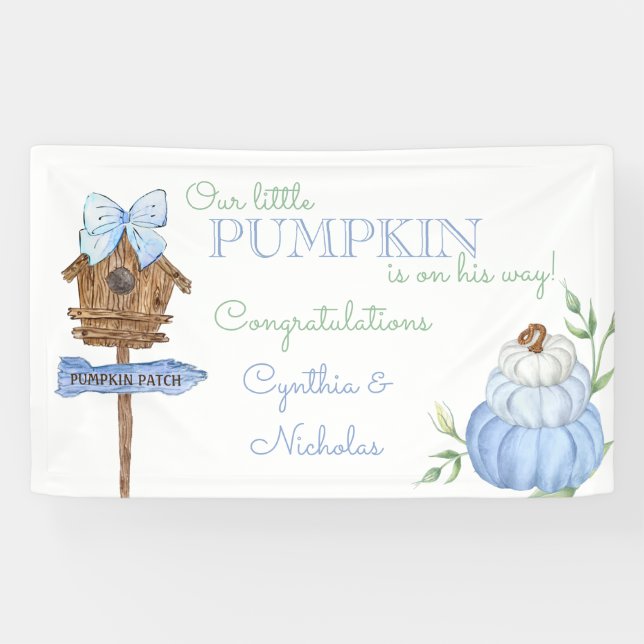 Blue Little Pumpkin Patch Boy Baby Shower Banner (Horizontal)