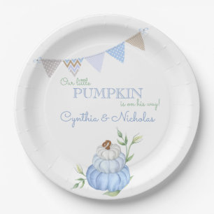 Blue Little Pumpkin Patch Boy Baby Shower Paper Plate