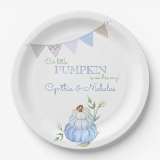 Blue Little Pumpkin Patch Boy Baby Shower Paper Plate