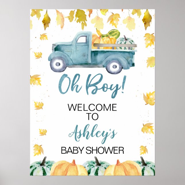Blue Little Pumpkin Truck Baby Shower Welcome Sign (Front)