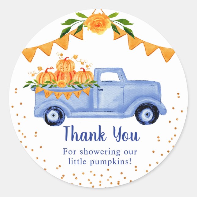 Blue Little Pumpkin Twin Thank You Classic Round Sticker (Front)