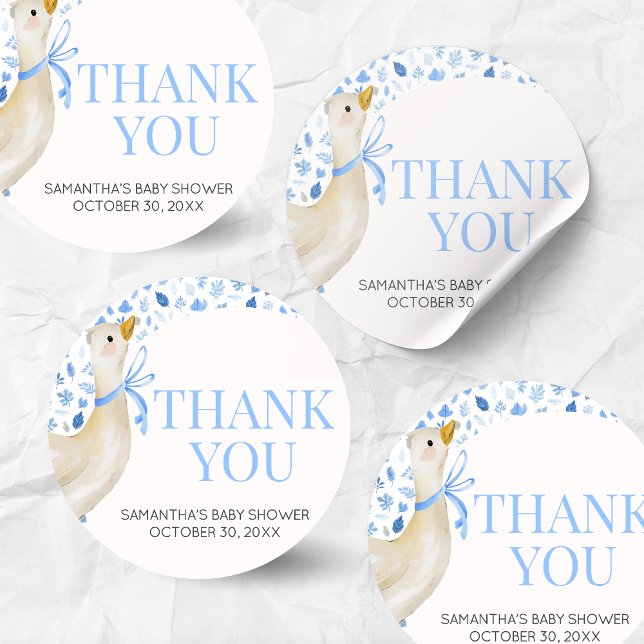 Blue Little Silly Goose Baby Shower Classic Round Sticker (Blue Little Silly Goose Baby Shower Round Sticker)