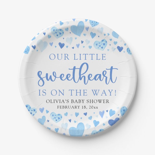 Blue Little Sweetheart Valentine's Day Baby Shower Paper Plate (Front)