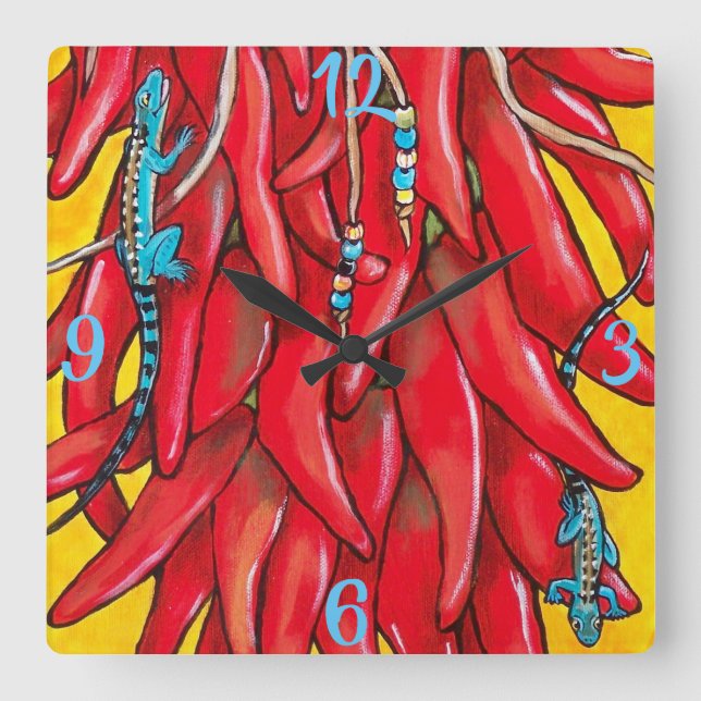 Blue Lizard Red Chili Chile Pepper Clock Southwest (Front)