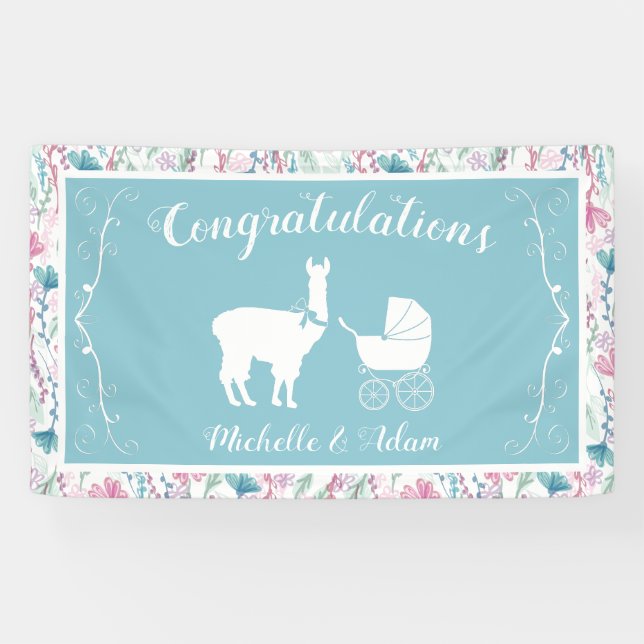 Blue Llama Boy Baby Shower Banner (Horizontal)