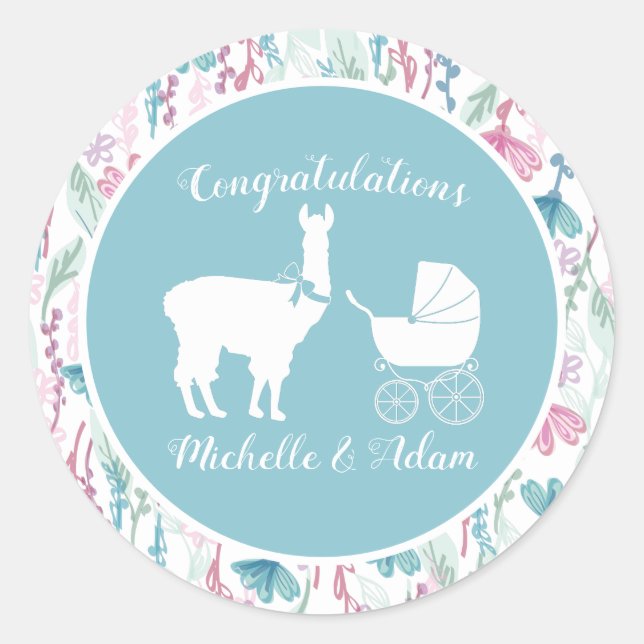 Blue Llama Boy Baby Shower Classic Round Sticker (Front)