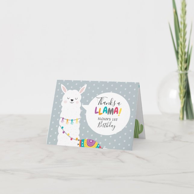 Blue Llama Cactus Photo Thank You Card (Front)