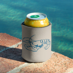 Blue Lobster Line Drawing On Sandy Beach Tan Color Can Cooler
