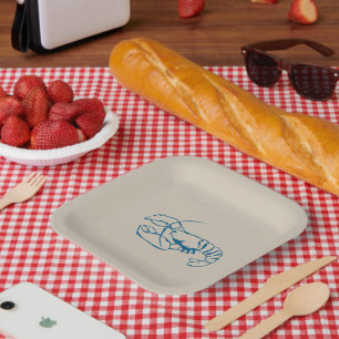 Blue Lobster Line Drawing On Sandy Beach Tan Color Paper Plate