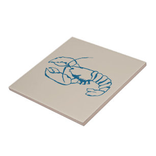 Blue Lobster Line Drawing On Sandy Beach Tan Color Tile
