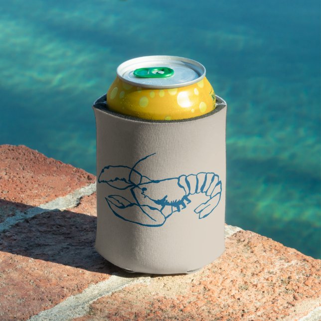 Blue Lobster Line Drawing On Sandy Beach Tan Colou Can Cooler (In Situ Pool)