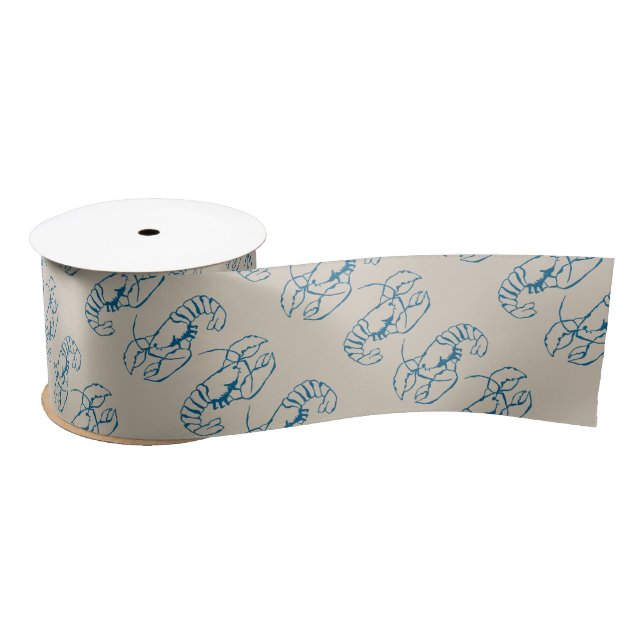 Blue Lobster Line Drawing On Sandy Beach Tan Colou Satin Ribbon (Spool)