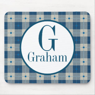 Blue Lodge Plaid Monogram Personalized Mouse Pad