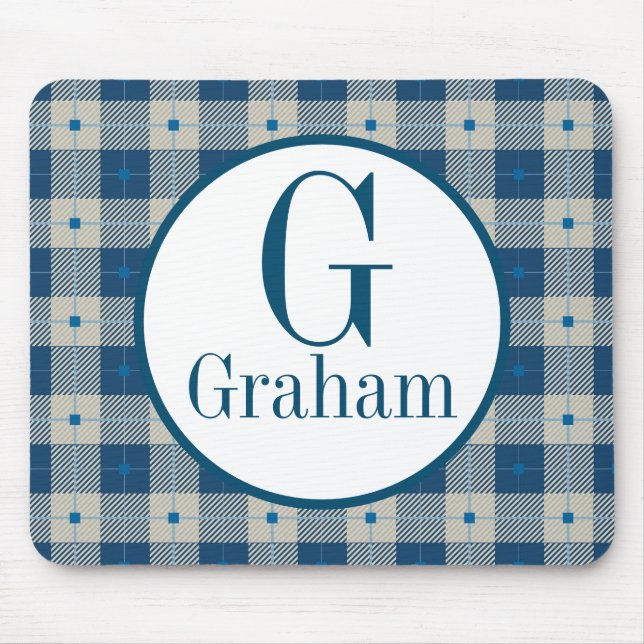 Blue Lodge Plaid Monogram Personalized Mouse Pad (Front)