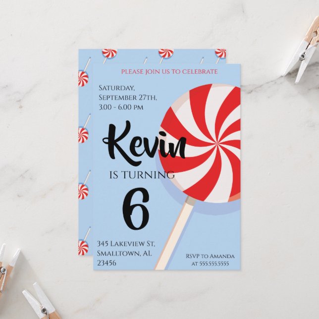 Blue Lollipop Boy Kids Birthday Party Invitation (Front/Back In Situ)