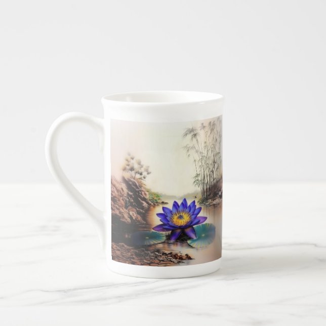 Blue Lotus Emerging from Muddy Waters (Vietnamese) Bone China Mug (Left)