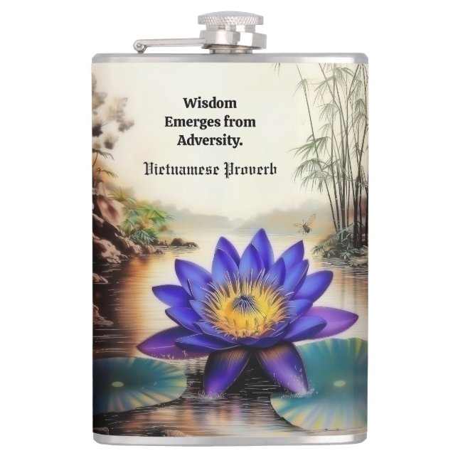 Blue Lotus Emerging from Muddy Waters (Vietnamese) Hip Flask (Front)