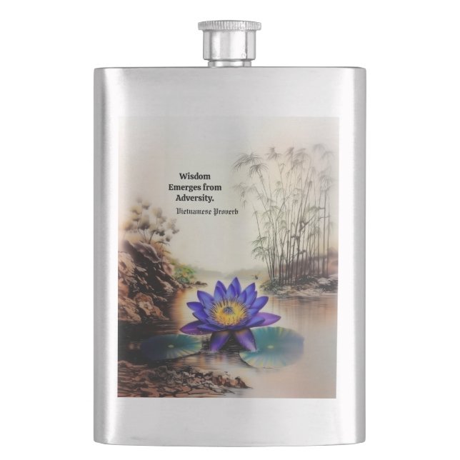 Blue Lotus Emerging from Muddy Waters (Vietnamese) Hip Flask (Front)