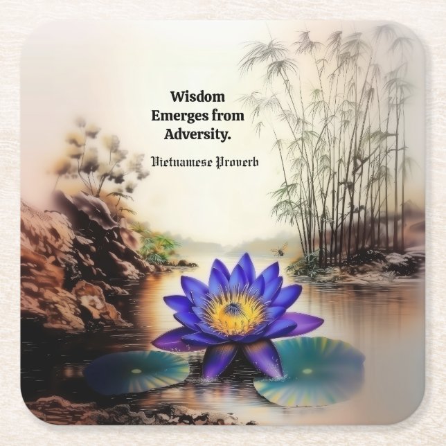 Blue Lotus Emerging from Muddy Waters (Vietnamese) Square Paper Coaster (Front)