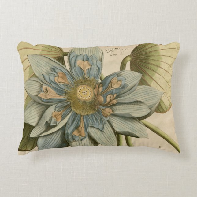 Blue Lotus Flower on Tan Background with Writing Decorative Pillow (Front)